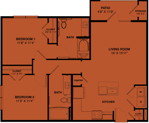 Floor plan for 2 beds, 2 baths, 976 sqft